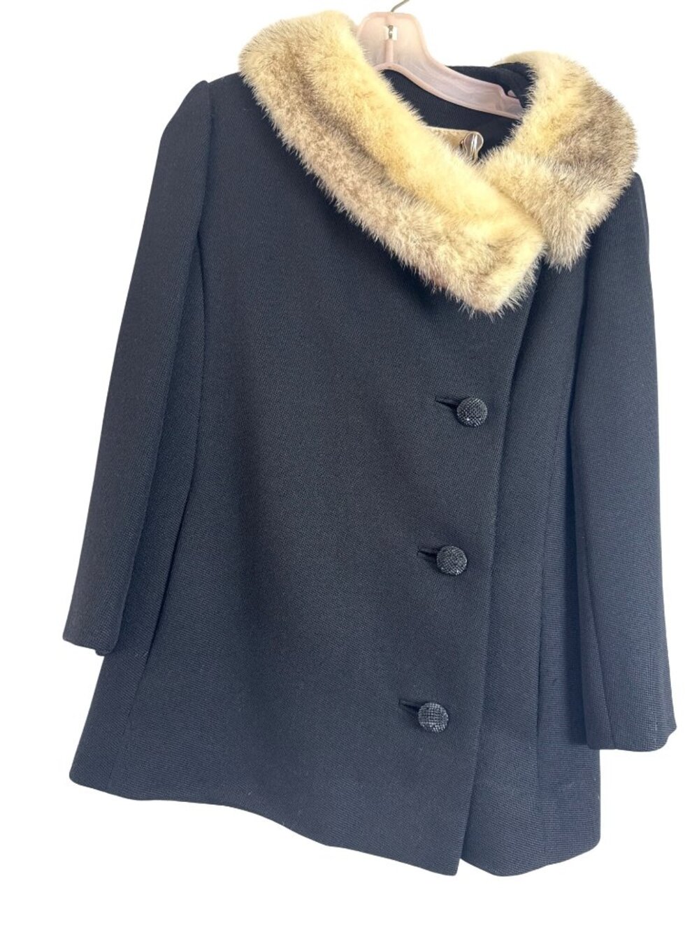 Vintage Old Money Black Coat & Skirt Set Fur Collar Button Down Sz Small